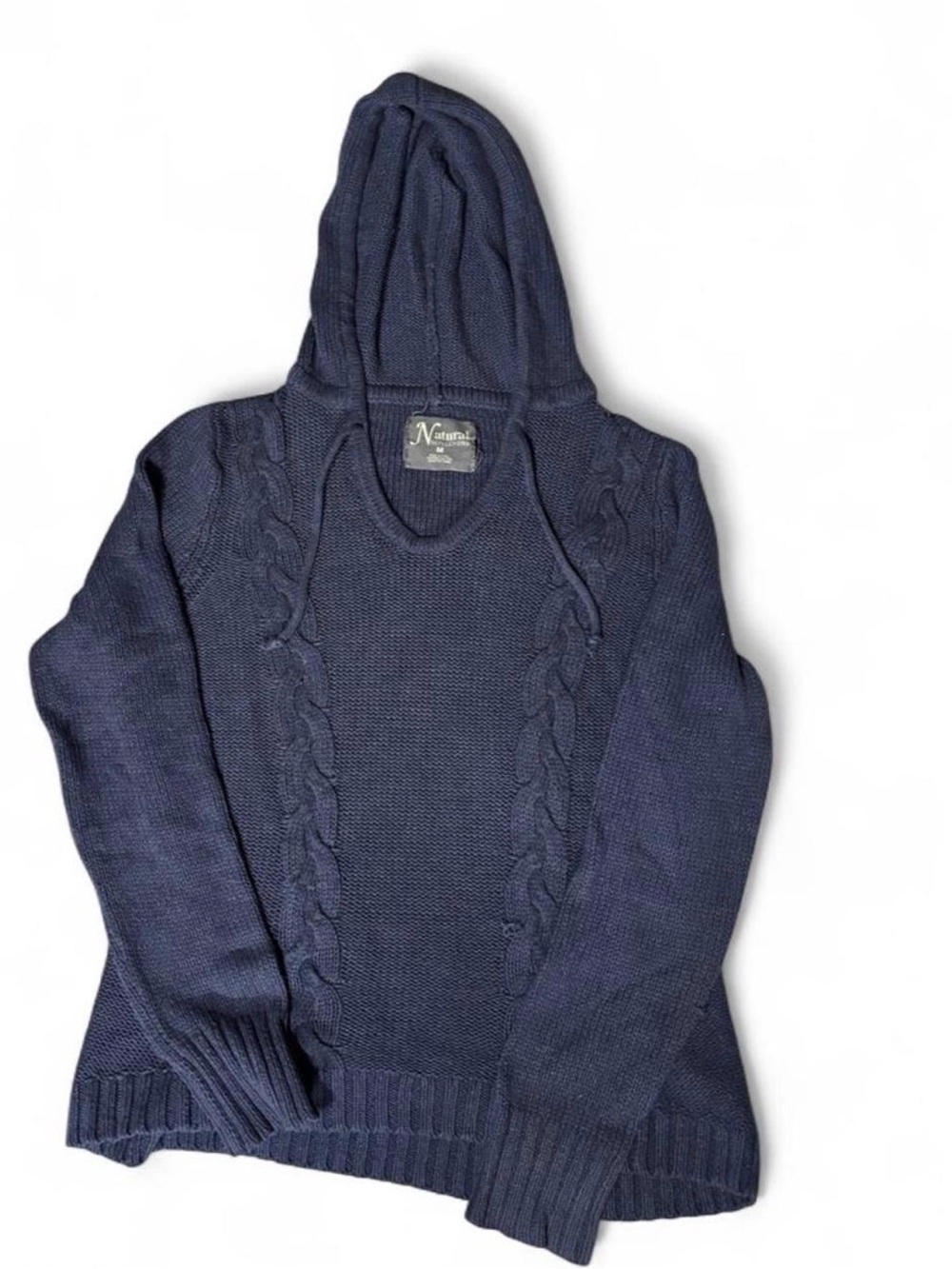 Natural M Navy blue cable knit hoodie sweater with drawstrings,
